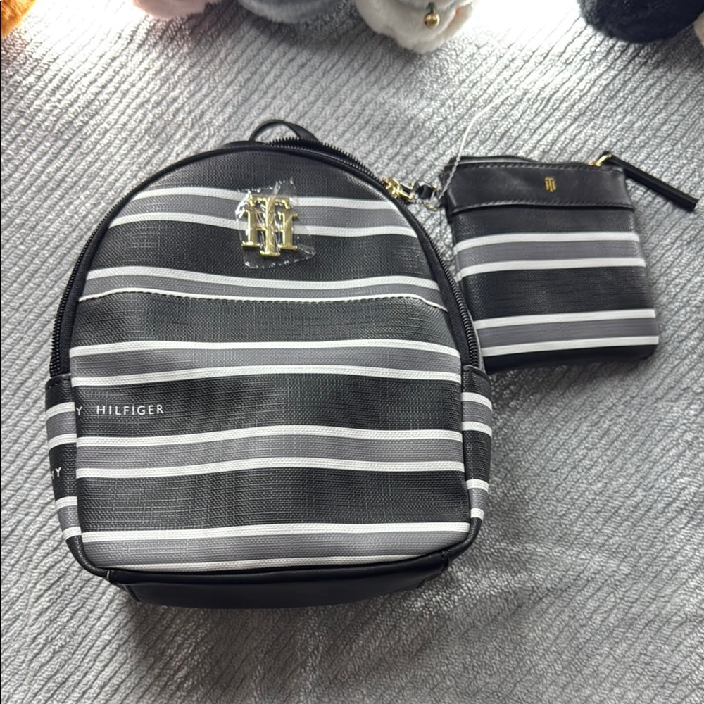 Tommy Hilfiger Black and White Striped Backpack